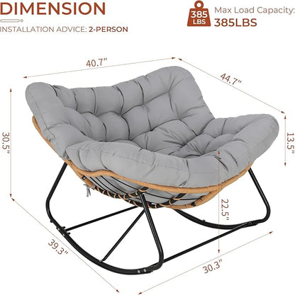 TLSUNNY Outdoor Papasan Rocking Chair, Oversized Padded Lounge Rocker with Cushion, Comfy Wicker Egg Lounge Chair, Large Indoor Rocking Recliner for Living Room/Porch/Garden (Grey)