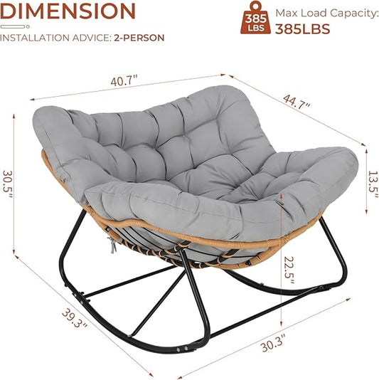 TLSUNNY Outdoor Papasan Rocking Chair, Oversized Padded Lounge Rocker with Cushion, Comfy Wicker Egg Lounge Chair, Large Indoor Rocking Recliner for Living Room/Porch/Garden (Grey)