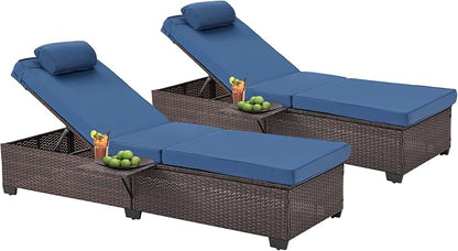 HOMREST PE Wicker Chaise Lounge Chairs Set of 2,Adjustable 5 Position Outside Rattanr Patio Pool Chair with Headrest,Cushion and Storage Rack for Poolside Backyard Porch, (Blue)