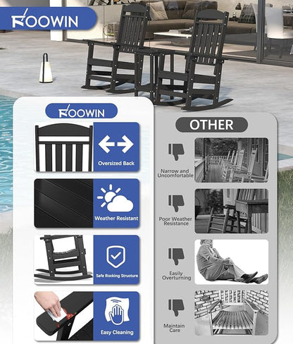 FOOWIN 3-Piece Outdoor Rocking Chairs Set, High Back Patio Rocker with Side Table, HDPE All Weather Resistant Oversized Rocking Chairs for Indoors, Porch, Patio, Backyard, Black (Black, 3-Set)