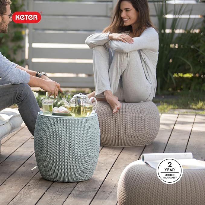 Keter Urban Knit Pouf Ottoman Set of 2 with Storage Table for Patio and Room Décor - Perfect for Balcony, Deck - Photo 7