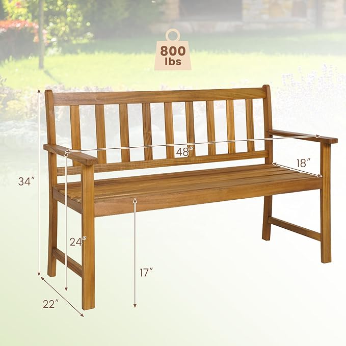 Wooden Garden Bench, Outdoor Bench Acacia Wood with Slatted Seat, Comfy Backrest & Armrest, 2-Person Loveseat Patio Bench for Porch Balcony Backyard Park, 800 LBS Max Load (48” x 22" x 34")