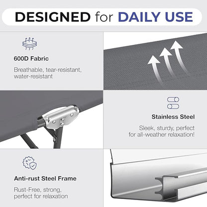 Folding Outdoor Lounge Chair Set of 2 with Adjustable Shade Canopy, Portable Sun Tanning Chairs, Gray (1, Grey)