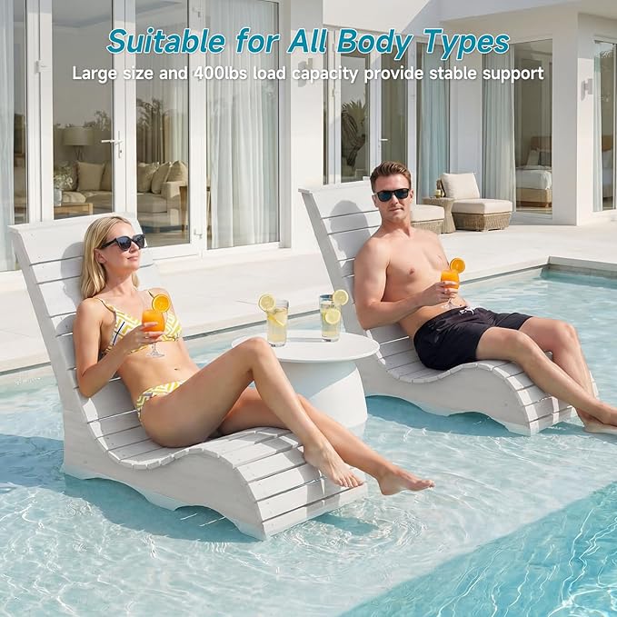 Pool Lounge Chairs Set of 2 for Baja Shelf, Ergonomic S-Contour Pool Lounger for Ultimate Comfort, HDPS Non-Absorbent Material Pool Chairs with Unique M-Shape Base Anti-Float for Patio (White)