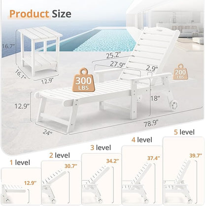 LUE BONA HDPS Chaise Lounge Chair Set of 2, Outdoor Pool Lounge Chairs with Adjustable Backrest, Resin Patio Lounge Chairs with Wheels for Outside, Poolside, White