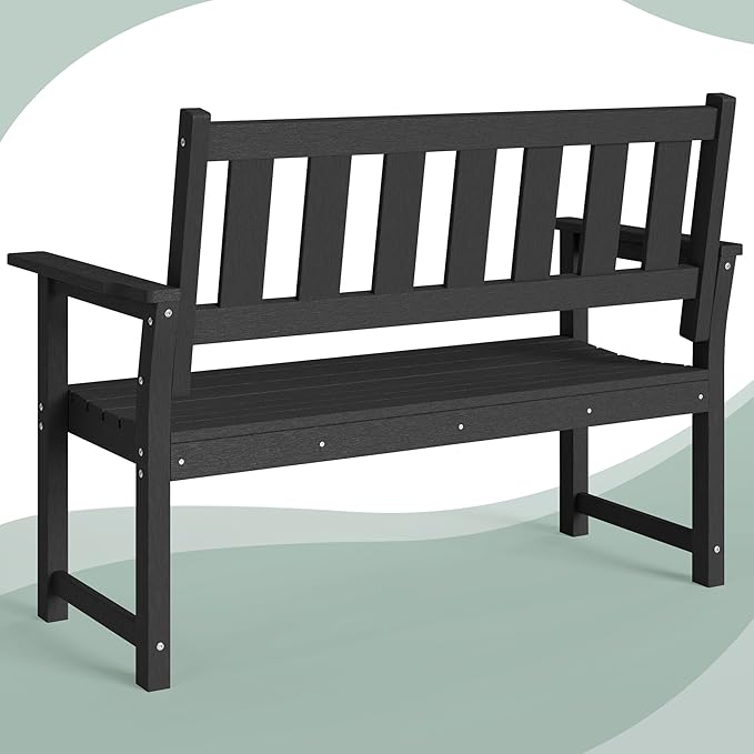 HDPE Outdoor Bench – 50'' Weatherproof Durable Garden Bench, 2-Person Park Bench, Multi-Purpose Design Ideal for Porch, Patio, Church, and School (Black)