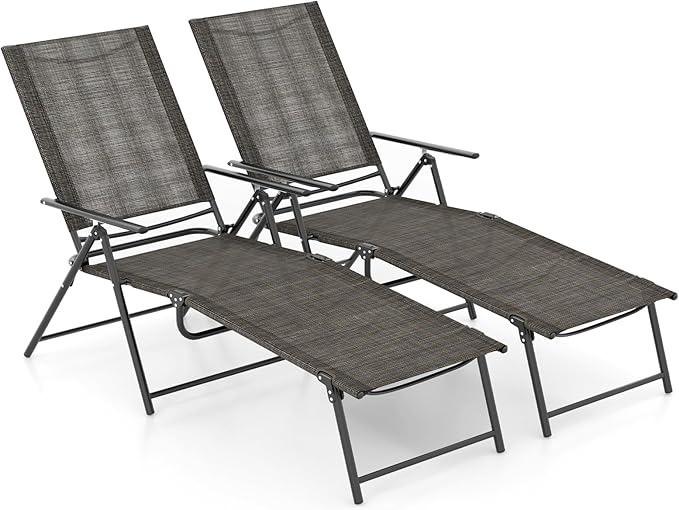 Tangkula Outdoor Lounge Chairs Set of 2, Patio Folding Chaise Recliner with 6-Level Backrest - Photo 1