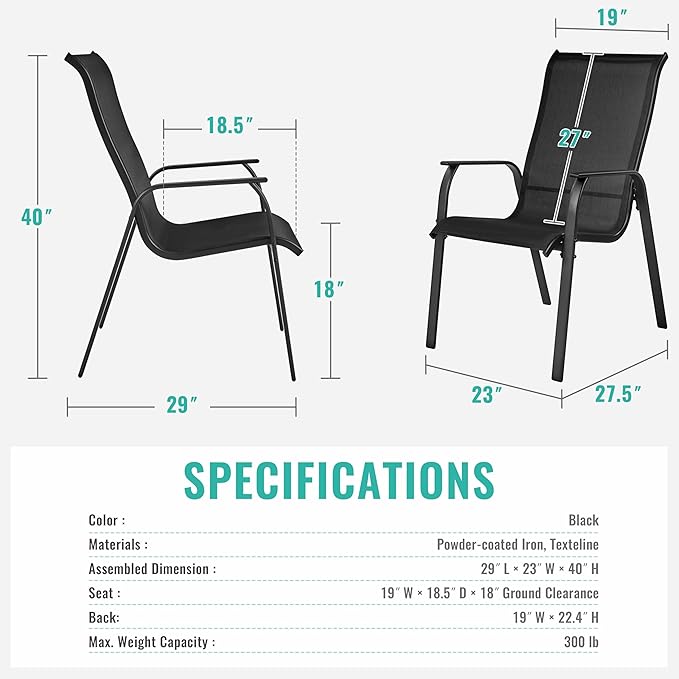 Yaheetech Set of 4 Patio Dining Chairs, Outdoor Stackable Patio Chairs with Backrest/Armrests, All Weather Chairs for Garden/Lawn/Porch/Backyard Pool, Black