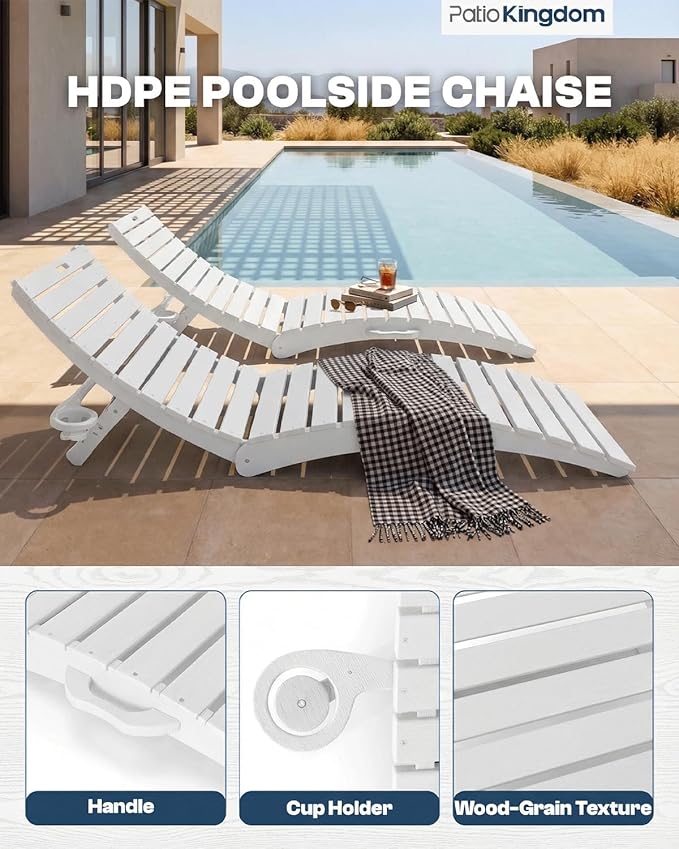 in-Pool Lounge Chairs Set of 2, Folding HDPE Pool Chairs Anti-Floating No Sandbags with Cup Holder & Handles, Outdoor Chaise Lounge for Poolside, Patio & Sun Deck(White)