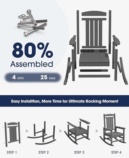 KINGYES Oversized Outdoor Rocking Chair with Cushion, All-Weather Patio Rocking Chairs, HDPE Porch Rocker for Adults, 350 lbs Capacity, Grey Chair with Grey Cushion
