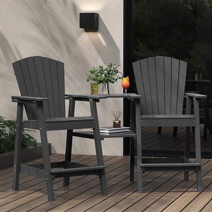 Tall Adirondack Chairs Set of 2 with Removable Tray, HDPE Bar Height Adirondack Bar Stools, High Back Patio Chairs for Balcony, Deck, Lawn, Backyard, All-Weather Outdoor Furniture, Gray