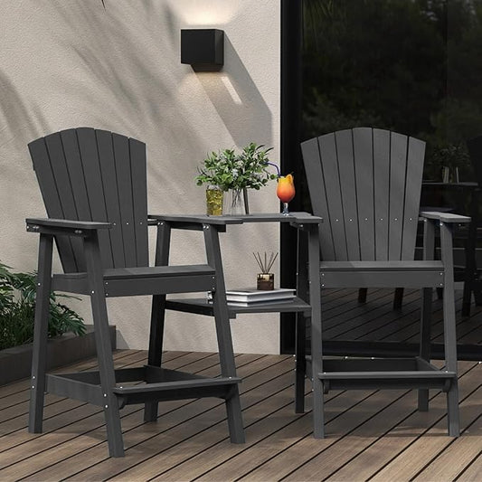 Tall Adirondack Chairs Set of 2 with Removable Tray, HDPE Bar Height Adirondack Bar Stools, High Back Patio Chairs for Balcony, Deck, Lawn, Backyard, All-Weather Outdoor Furniture, Gray