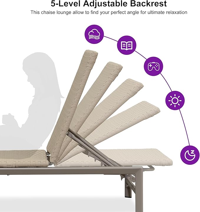 PURPLE LEAF Patio Chaise Lounge Chairs Outdoor 1 Piece, Wicker Pool Lounge Chairs for Outside with Adjustable Backrest, Aluminum Sunbathing Lounger for Patio, Poolside, Garden, Khaki