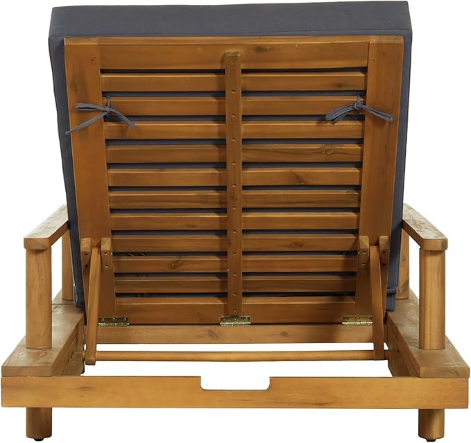 Christopher Knight Home Tuki Acacia Wood Chaise Lounge Chair Outdoor, Poolside Sun Lounger Recliner, Outdoor Chaise Lounge with 3-Fold Cushions, Adjustable Backrest Single Lounge Sofa, Dark Grey+Teak