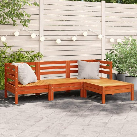 Modular Garden Sofa Set, 3-Seater Outdoor Patio Furniture with Footstool, Solid Pine Wood Wax Brown Finish, Large Weather-Resistant Sectional Couch for Backyard Terrace