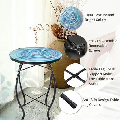 VCUTEKA Patio Side Table Outdoor Accent Table Small Mosaic Table Coffee Table End Tables Porch Indoor Outdoor Round Glass Balcony Bistro Blue Purple Gradient Starry Vortex