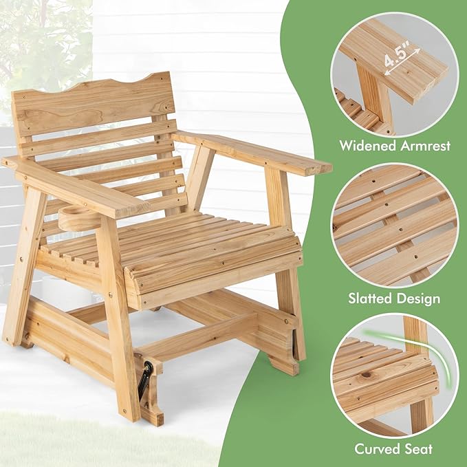 Tangkula Outdoor Fir Wood Glider Chair, Outdoor Swing Chair with Rotatable Hidden Cup Holder and Curved Seat - Photo 5