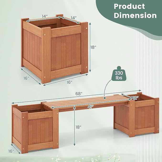Moccha Wood Garden Bench with Planter Boxes, Raised Garden Bed with Open-Ended Base, Teak Oil Finish, Patio Planter Box Bench, Outdoor Plant Container for Garden, Yard, Lawn, Balcony, DIY Assembly