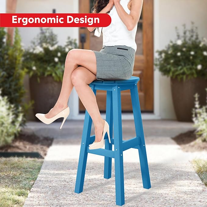 Costaelm 29" Height Outdoor Bar Stools, All-Weather Bar Stools, Adirondack Poly Patio Round Bar Stool for Patio, Deck, Kitchen Counter and Garden, Pacific Blue