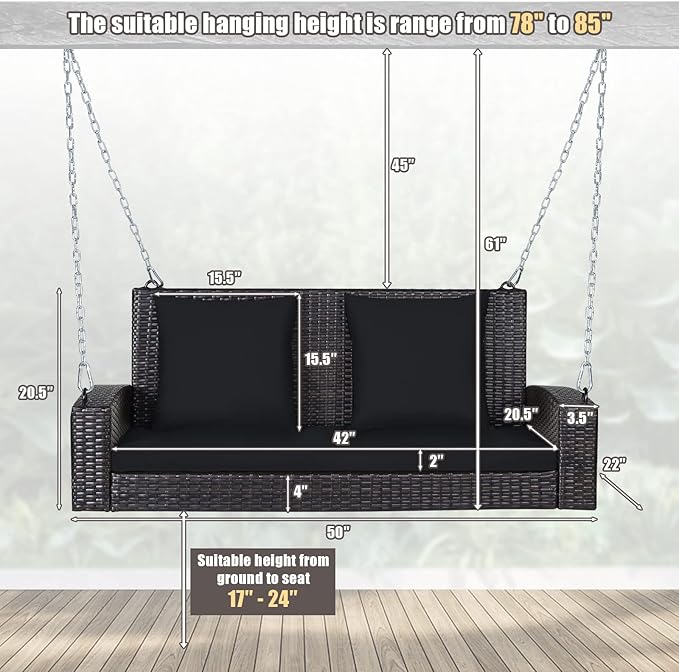 Tangkula 2-Person Wicker Porch Swing, Patiojoy Outdoor Rattan Hanging Swing Bench W/ 2 Back Cushions & 1 Seat Cushion - Photo 5
