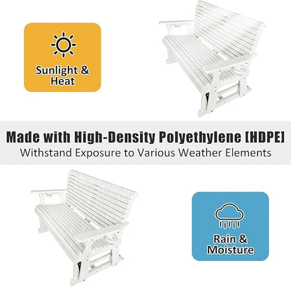 HDPE Patio Glider, Poly Lumber Weather-Resistant Outdoor Glider Bench, for Patio, Porch, Yard (Ivory White, 2-Seater)