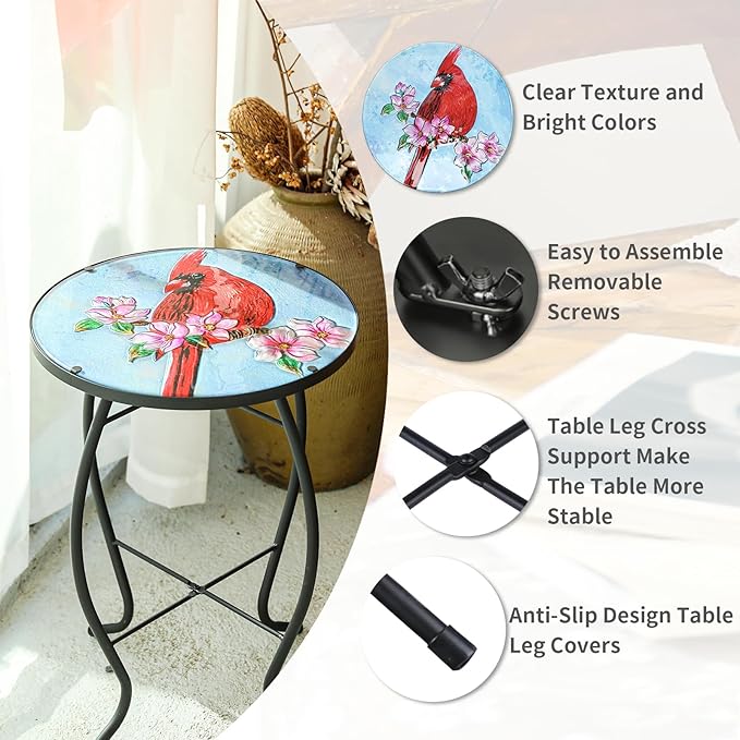 VCUTEKA Patio Side Table Outdoor Accent Table Bistro Coffee Table Plant End Table Small Porch Table Indoor Round Glass Balcony Plant Table Stands Cardinal 14''