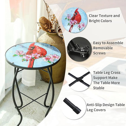 VCUTEKA Patio Side Table Outdoor Accent Table Bistro Coffee Table Plant End Table Small Porch Table Indoor Round Glass Balcony Plant Table Stands Cardinal 14''