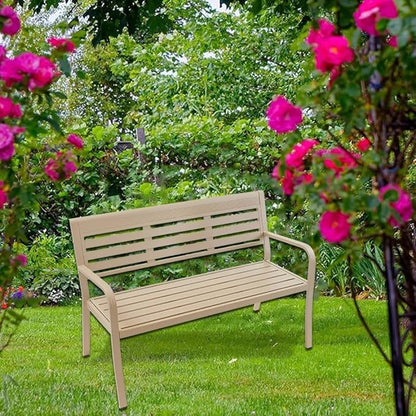 Metal Garden Bench 2-Seater, Aluminum Park Bench with Backrest and Armrests, Weatherproof Outdoor Furniture Loveseat(Metallic)