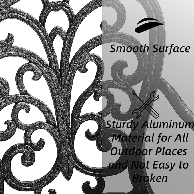 Patio Aluminum Outdoor Bench with Soft Cushion, Garden Metal Loveseat Furniture, Vintage Carving Antique Black Front Porch Chair Seat
