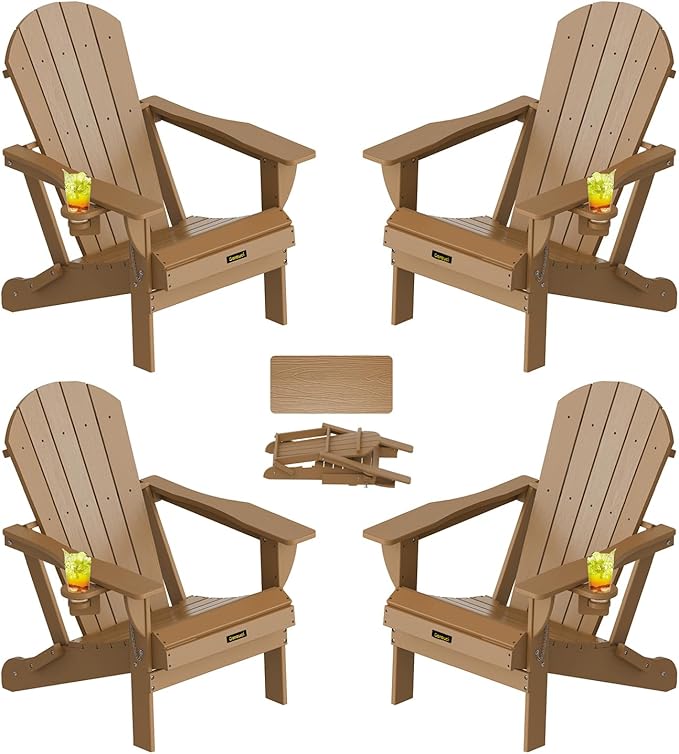 Plastic HDPE Adirondack Chair,Set of 4,Folding Adirondack Chair Weather Resistant with Cup Holder, Wooden Textured Fire Pit Outdoor Chair for Garden, Porch, Lawn, Backyard, Supports 380LBS, Teak