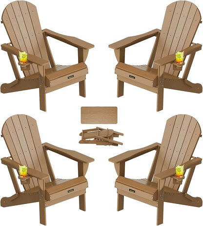 Plastic HDPE Adirondack Chair,Set of 4,Folding Adirondack Chair Weather Resistant with Cup Holder, Wooden Textured Fire Pit Outdoor Chair for Garden, Porch, Lawn, Backyard, Supports 380LBS, Teak