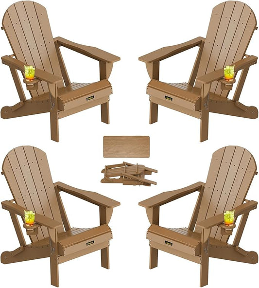 Plastic HDPE Adirondack Chair,Set of 4,Folding Adirondack Chair Weather Resistant with Cup Holder, Wooden Textured Fire Pit Outdoor Chair for Garden, Porch, Lawn, Backyard, Supports 380LBS, Teak