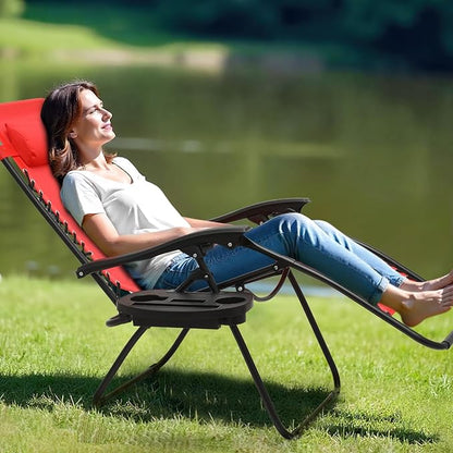 AthAthena Collection Zero Gravity Chair, Outdoor Lounge Chair with Adjustable Pillow and Cup Holder, Reclining Camping Chair for Outside Beach Lawn Garden Patio Poolside - Red