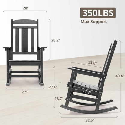 LUE BONA Outdoor Rocking Chairs Set, 3-Piece, HDPS Poly Porch Rockers with Table, Plastic Weather Resistant Rocking Chair Set for Outdoor Indoor, Garden, Backyard, 350lb, Gray Chairs+Table
