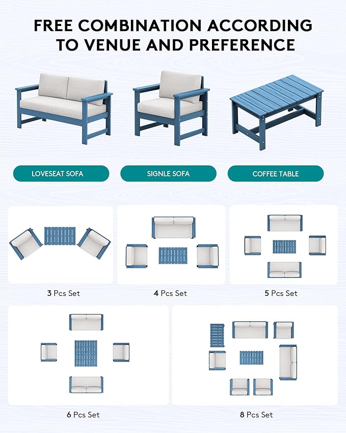 SERWALL HDPE Outdoor Loveseat with Cushions, All Weather Use Outdoor Loveseat Sofa, Blue Frame with Khaki Cushions - Photo 5