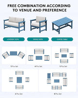 SERWALL HDPE Outdoor Loveseat with Cushions, All Weather Use Outdoor Loveseat Sofa, Blue Frame with Khaki Cushions - Photo 5