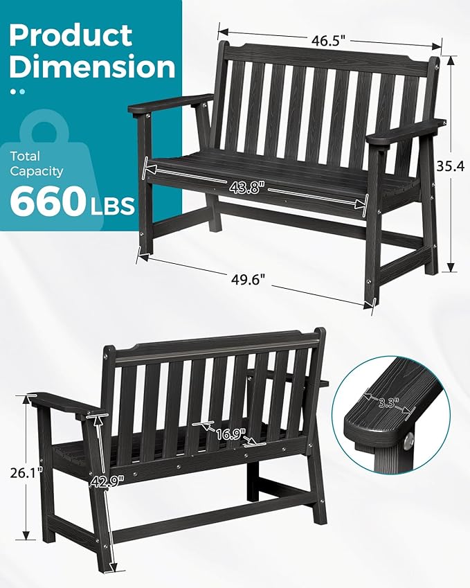 Outdoor Bench, 2-Person HDPE Garden Bench, All Weather Poly Patio Bench for Outdoors, Garden, Backyard, Porch and Park - Photo 3