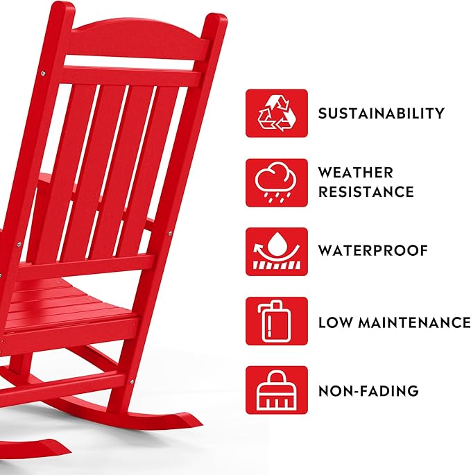 Costaelm Oversized Outdoor Rocking Chair, High Back Porch Rocker Chair, HDPE All Weather Resistant Outdoor Seating Furniture Wide Rocker Chair for Patio, Lawn, Garden, Red