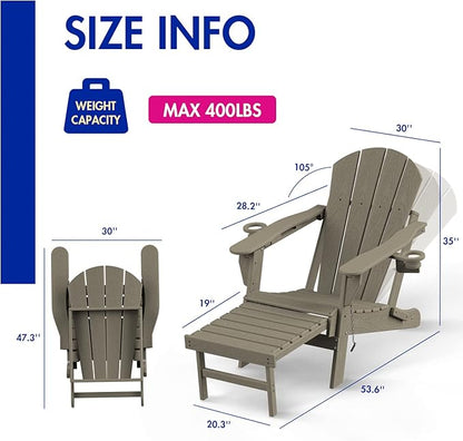 BRIOPAWS Folding Adirondack Chair with Adjustable Backrest & Ottoman, Wood Texture All-Weather HDPE Outdoor Chairs w/Cup Holders & Retractable Footrest for Poolside, Fire Pit, Campfire, Light Brown