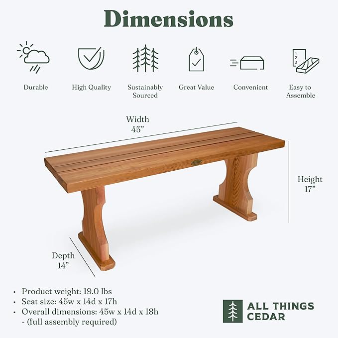 All Things Cedar BB45 Cedar Backless Bench | 4ft Wood Bench Indoor & Outdoor | Handcrafted with Western Red Cedar | Perfect for Patio, Garden, Picnic & Poolside | 45x14x17