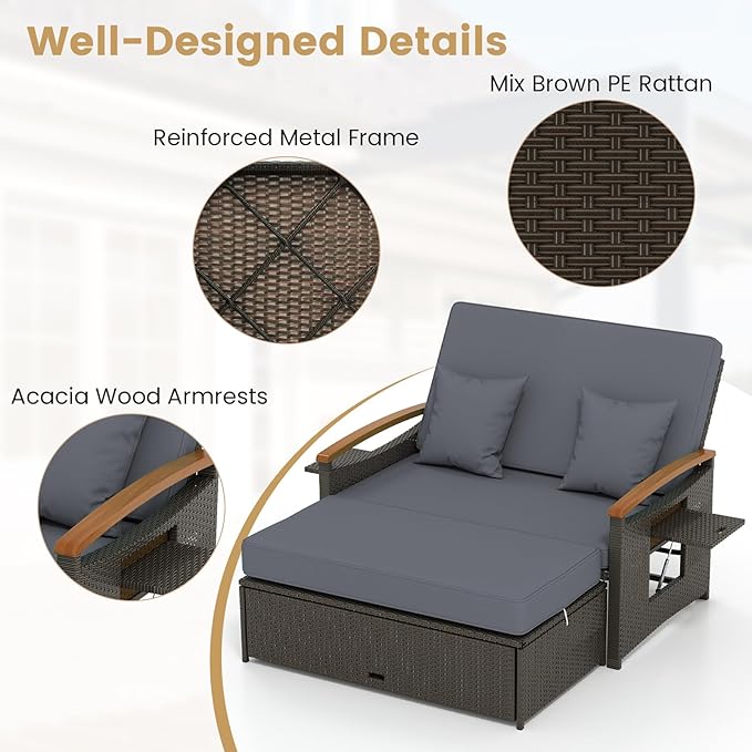 Tangkula Patio Rattan Daybed with 4-Level Adjustable Backrest, Outdoor Wicker Loveseat with Acacia Wood Armrest - Photo 9