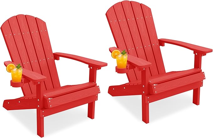 YEFU Adirondack Chairs Set of 2: Plastic Adirondack Chairs - Patio Chairs with Wood Texture - Outdoor Chair HIPS - Lawn Fire Pit Deck Porch Garden Chairs for Adults (Red)