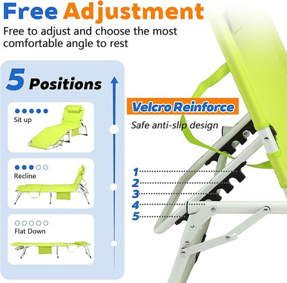 3-in-1 Heavy Duty Tanning Chair with Face Hole Adjustable 5-Position Folding Chaise Lounge Chairs Portable Lay Flat Beach Lounge Chair for Outdoor Sunbathing Patio Pool Lawn Camping Deck (Green)