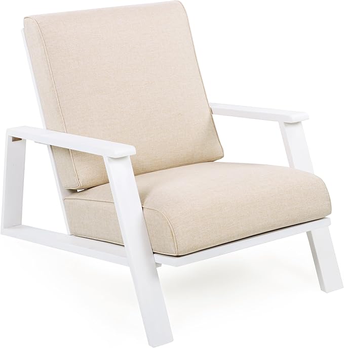 Christopher Knight Home Smeb Lounge Chair Outdoor with Cushions, Acacia Wood Adirondack Chair, Slatted Design Side Chair, Extra Seating for Balcony Backyard Poolside Garden, White + Beige