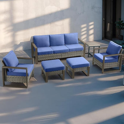 Rilyson Outdoor Wicker Patio Furniture Set - 5 Piece Patio Conversation Set with 2 Wicker Armrest Chairs,2 Rattan Ottoman, 1 Side Table, Sturdy Frame, Thick Cushions, Deep Seating(Mixed Grey/Blue)