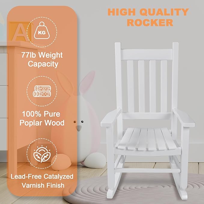 Kids Rocking Chair for Toddler and Children Comfy Recliner Wooden Rocker for Baby Girls Outdoor Lounge for Age 6-10 Indoor Anti-Tip Design Safe & Sturdy White