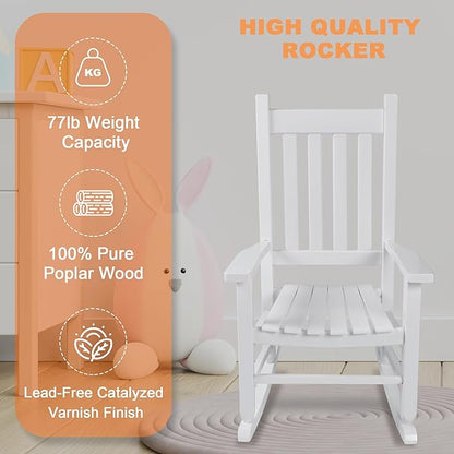 Kids Rocking Chair for Toddler and Children Comfy Recliner Wooden Rocker for Baby Girls Outdoor Lounge for Age 6-10 Indoor Anti-Tip Design Safe & Sturdy White