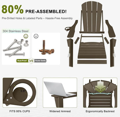 Outdoor Rocking Chairs Set of 4, HDPE Poly All-Weather Patio Rocking Chairs with Cup Holder for Adults, Porch Rocker for Deck Patio Balcony, 440lbs, Dark Brown