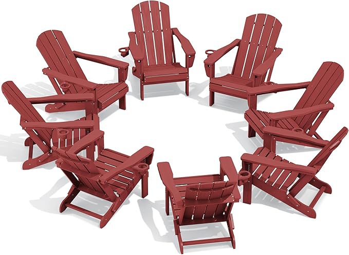 SERWALL Folding Adirondack Chair Set of 8, Adjustable Adirondack Chair with 3 Recline Positions, All Weather HDPE Outdoor Adirondack with Cup Holders, Red