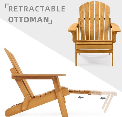 Oversized Outdoor Wooden Folding Adirondack Chair with Retractable Ottoman, Wood Patio Chair with Footrest for Garden Backyard Porch Pool Deck Firepit